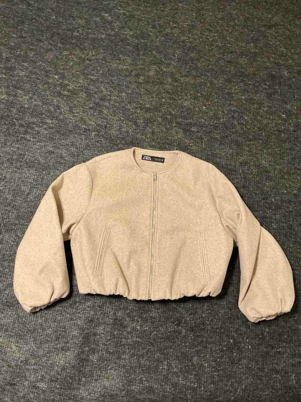Zara Soft Bomber Jacket Womens Size Large Beige Full Zip Cropped Outerwear